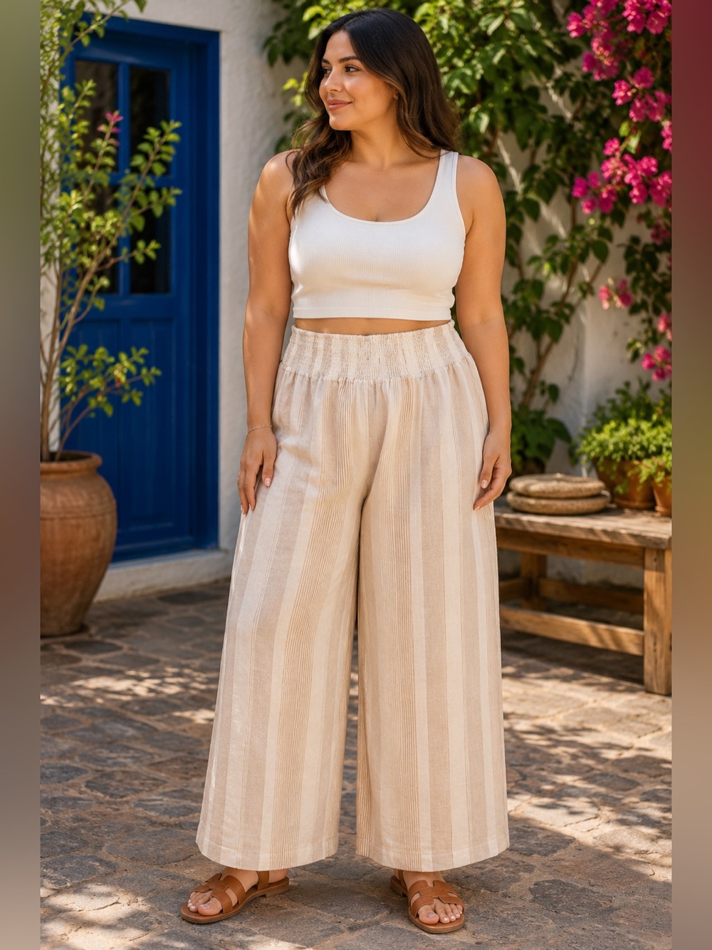 🌙✨🆕 Boho Striped Wide Leg Pants High Rise Elastic Waist Size L